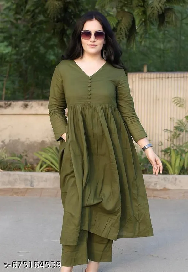 Olive_Green_Rayon_Solid_Kurti_With_Palazzo_Pant_For_Women