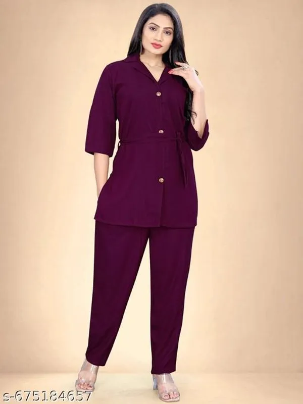 Wine_Rayon_Solid_Cord_Set_For_Women