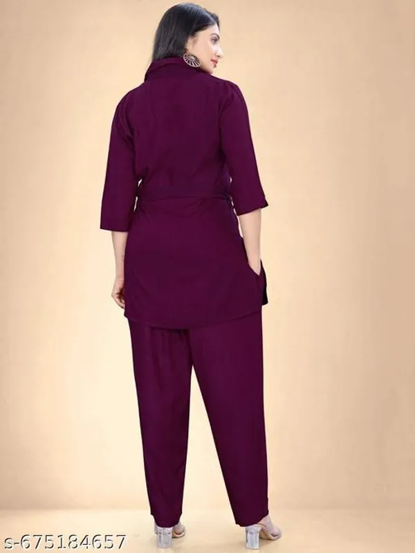 Wine_Rayon_Solid_Cord_Set_For_Women