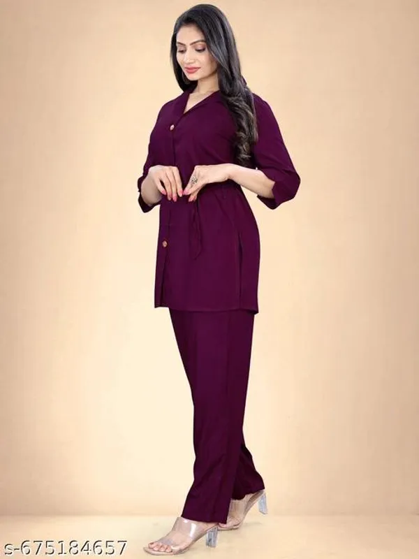 Wine_Rayon_Solid_Cord_Set_For_Women