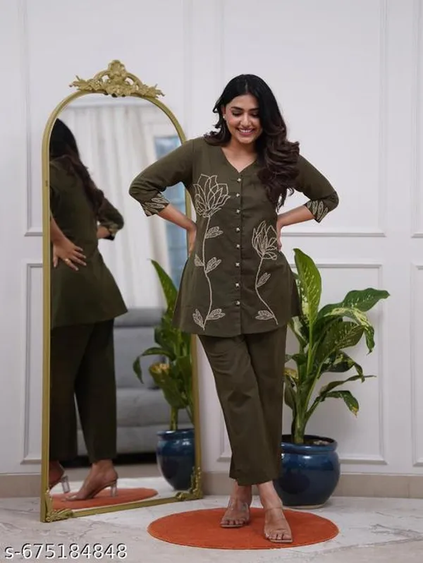 Olive_Green_Rayon_Embroidery_Cord_Set_For_Women