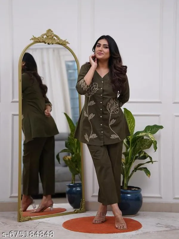 Olive_Green_Rayon_Embroidery_Cord_Set_For_Women