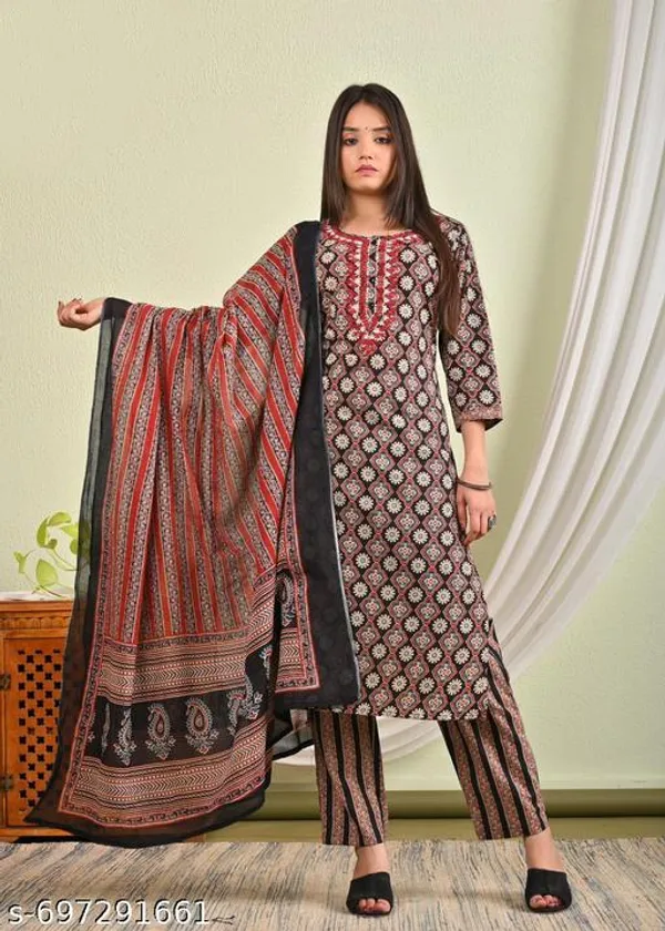 Brown_Cotton_Printed_Kurti_With_Pant_And_Dupatta_Set_For_Women
