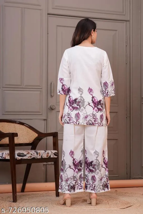 White_Floral_Print_2_Piece_Tunic_&_Pants_Set_For_Women