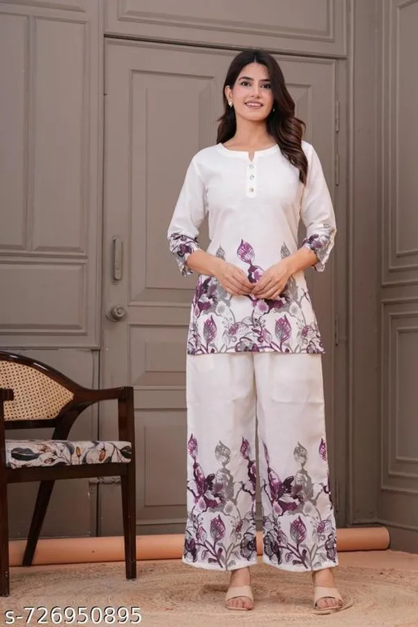 White_Floral_Print_2_Piece_Tunic_&_Pants_Set_For_Women