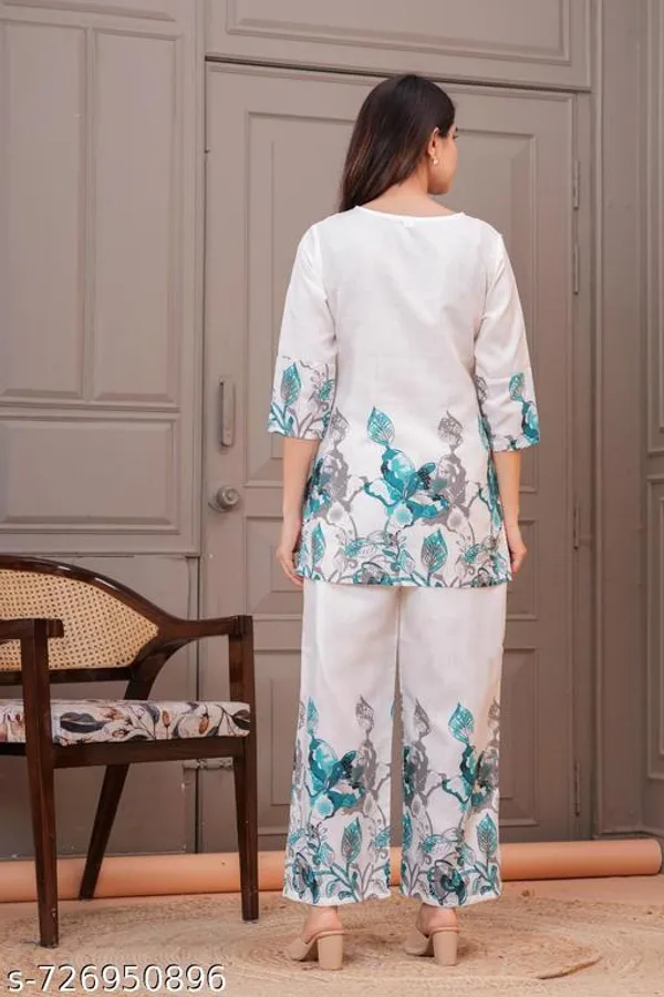 White_Floral_Print_2_Piece_Tunic_&_Pants_Set_For_Women