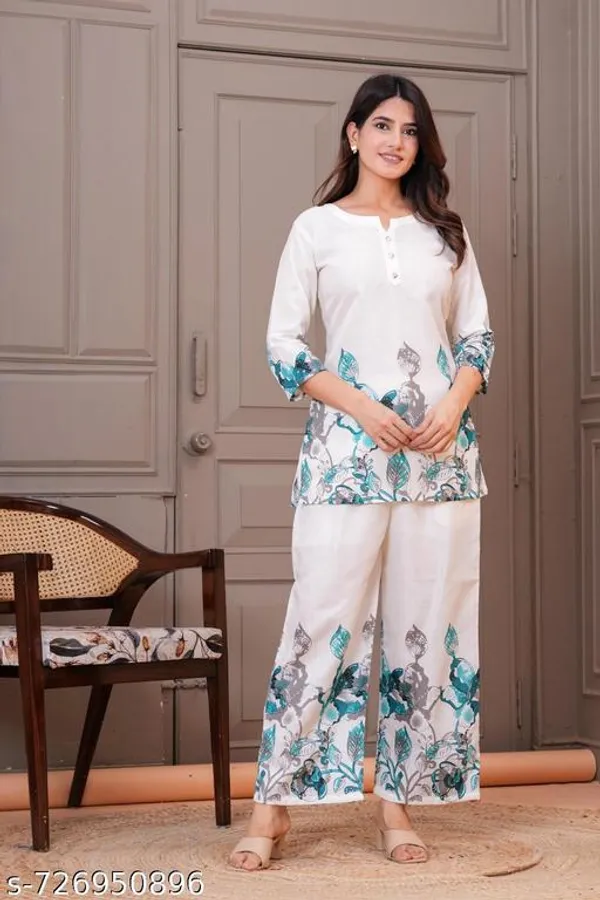 White_Floral_Print_2_Piece_Tunic_&_Pants_Set_For_Women