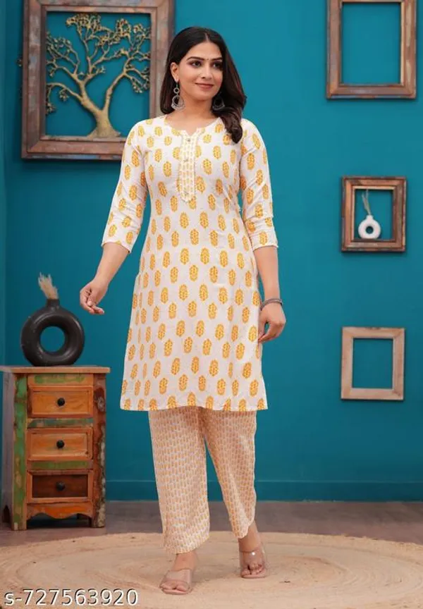 Cream_Rayon_Kurti_With_Pant_Sets_For_Women