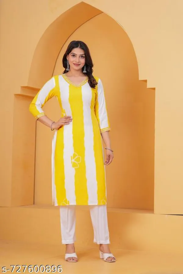 Yellow_And_White_Rayon_Kurti_With_Pant_Sets_For_Women