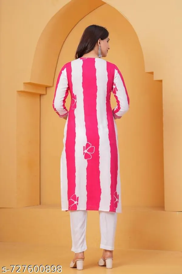 White_And_Pink_Rayon_Kurti_With_Pant_Sets_For_Women