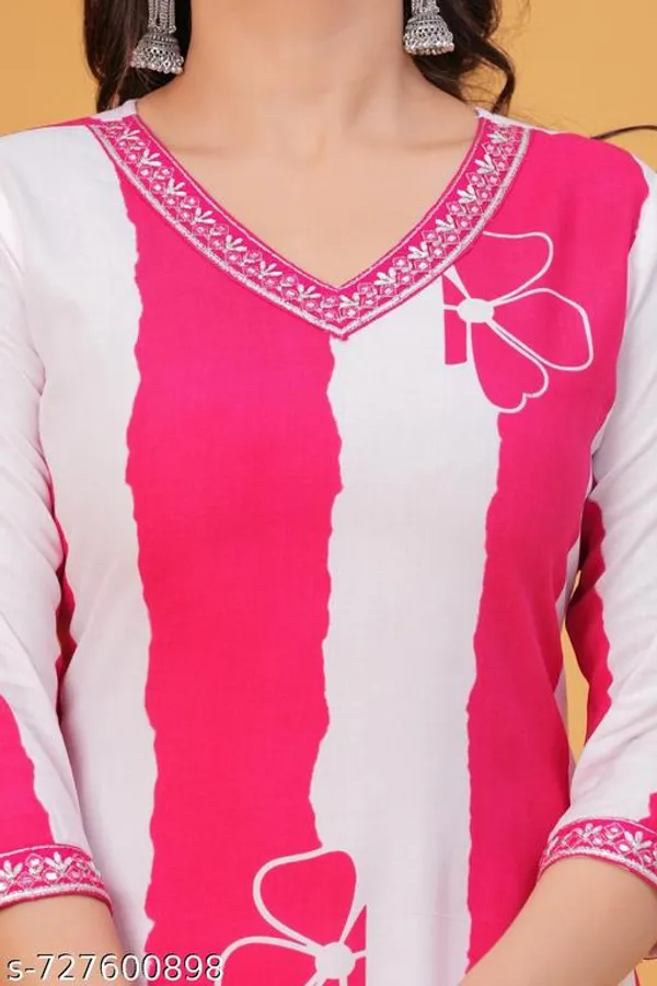White_And_Pink_Rayon_Kurti_With_Pant_Sets_For_Women