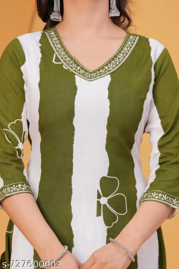 White_And_Olive_Rayon_Kurti_With_Pant_Sets_For_Women