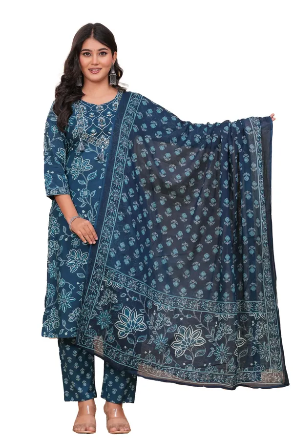 Peacock_Blue_Cotton_Printed_Kurti_With_Pant_And_Dupatta_Set_For_Women