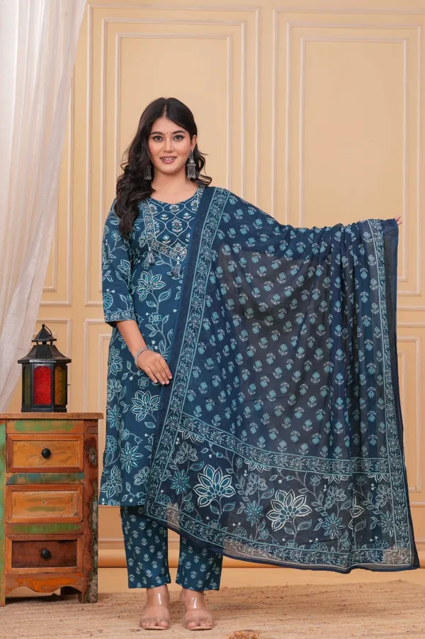 Peacock_Blue_Cotton_Printed_Kurti_With_Pant_And_Dupatta_Set_For_Women