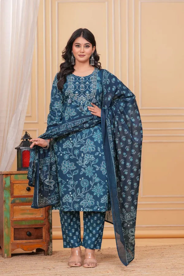 Peacock_Blue_Cotton_Printed_Kurti_With_Pant_And_Dupatta_Set_For_Women