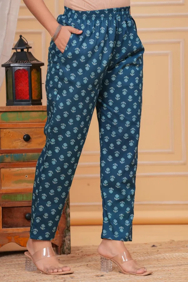 Peacock_Blue_Cotton_Printed_Kurti_With_Pant_And_Dupatta_Set_For_Women