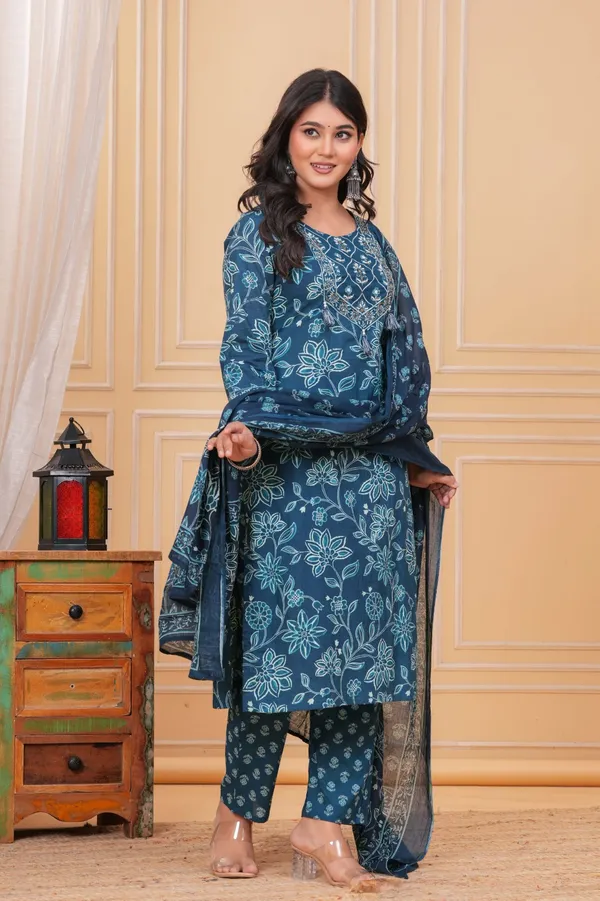 Peacock_Blue_Cotton_Printed_Kurti_With_Pant_And_Dupatta_Set_For_Women