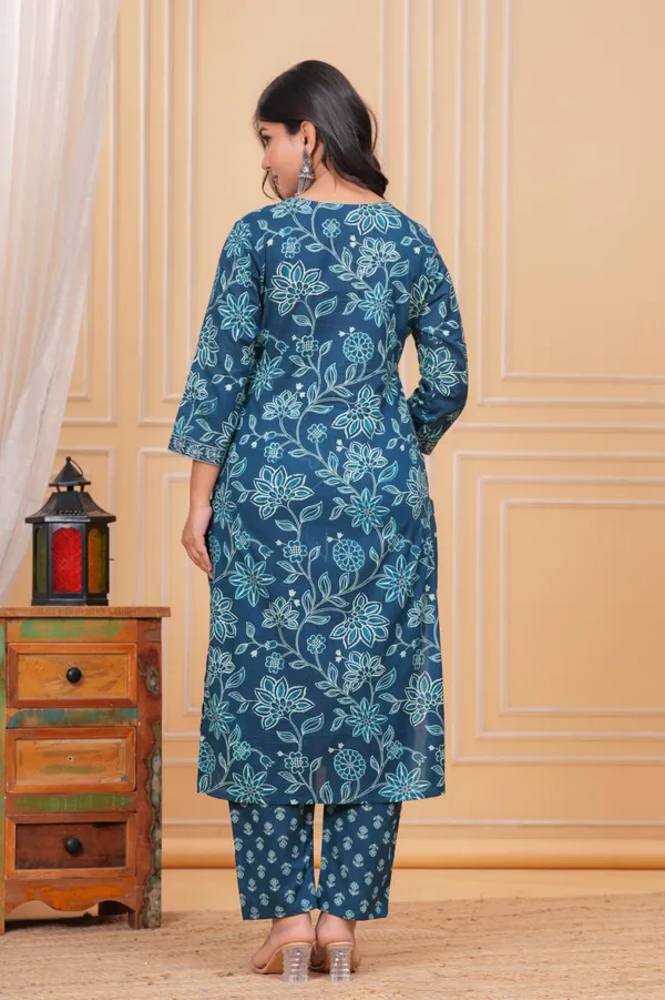 Peacock_Blue_Cotton_Printed_Kurti_With_Pant_And_Dupatta_Set_For_Women