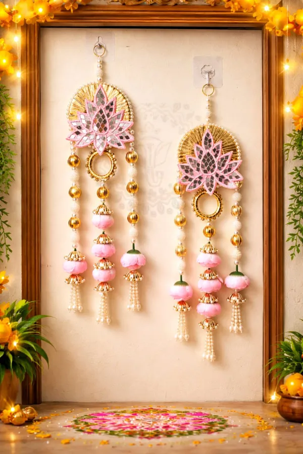 Pcrafts_Shubh_Labh_Door_Hanging_18_Inch_Pink_Lotus_Mirror_Work_Decor_Set_Of_2