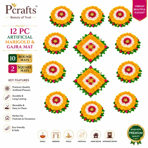 12_Pc_Artificial_Marigold_&_Gajra_Rangoli_Mat_Set_|_Reusable_Flower_Rangoli_For_Diwali,_Ganpati,_Navratri,_Wedding,_Pooja,_Home_Entrance_&_Temple_Decoration
