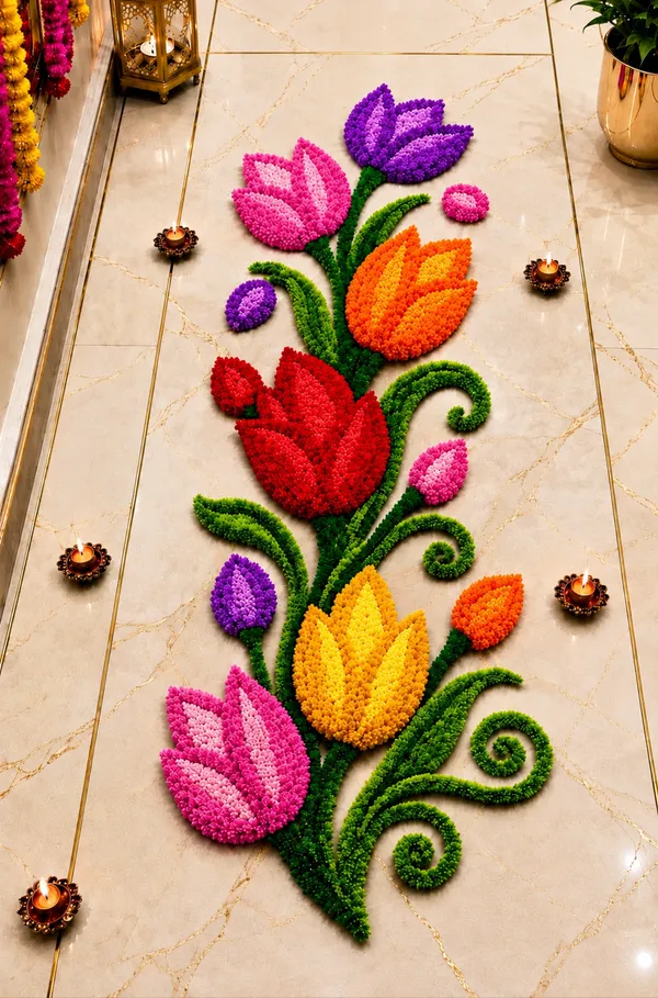Pcrafts_Feather_Wool_Tulip_Design_Rangoli_Mat_–_Red_|_3_Feet