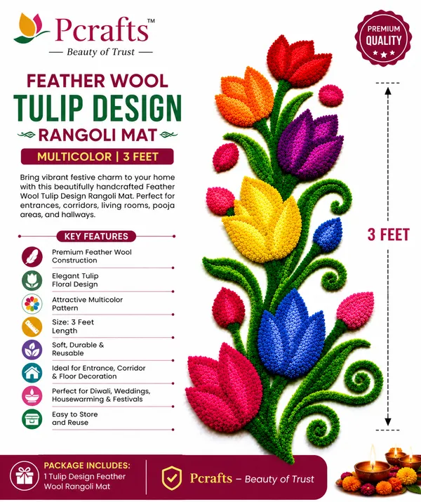 Pcrafts_Feather_Wool_Tulip_Design_Rangoli_Mat_–_Red_|_3_Feet