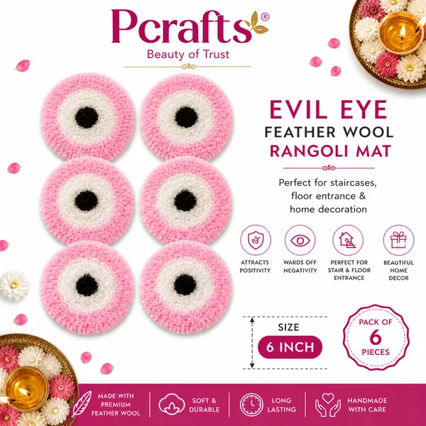 Pcrafts_Feather_Wool_Pink_Evil_Eye_Design_Rangoli_Mats_(6_Inch)_Floor_Decor_For_Entrance,_Staircase_&_Home_Decoration_|_Pack_Of_6