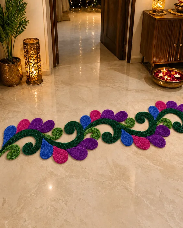 Pcrafts_Purple_Blue_Red_Feather_Wool_Rangoli_Mat_For_Floor_Decoration_|_4_Ft_Decorative_Festival_Runner_For_Entrance,_Corridor_&_Stairs