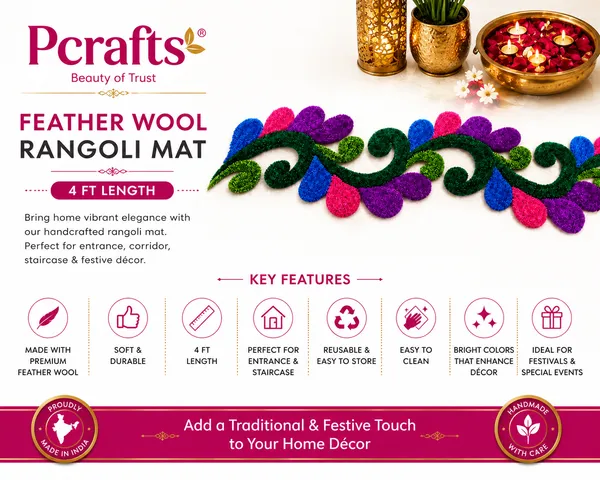 Pcrafts_Purple_Blue_Red_Feather_Wool_Rangoli_Mat_For_Floor_Decoration_|_4_Ft_Decorative_Festival_Runner_For_Entrance,_Corridor_&_Stairs