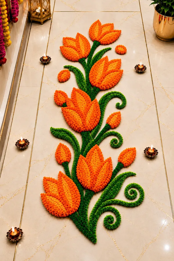 Pcrafts_Feather_Wool_Tulip_Design_Rangoli_Mat_–_Orange_|_3_Feet