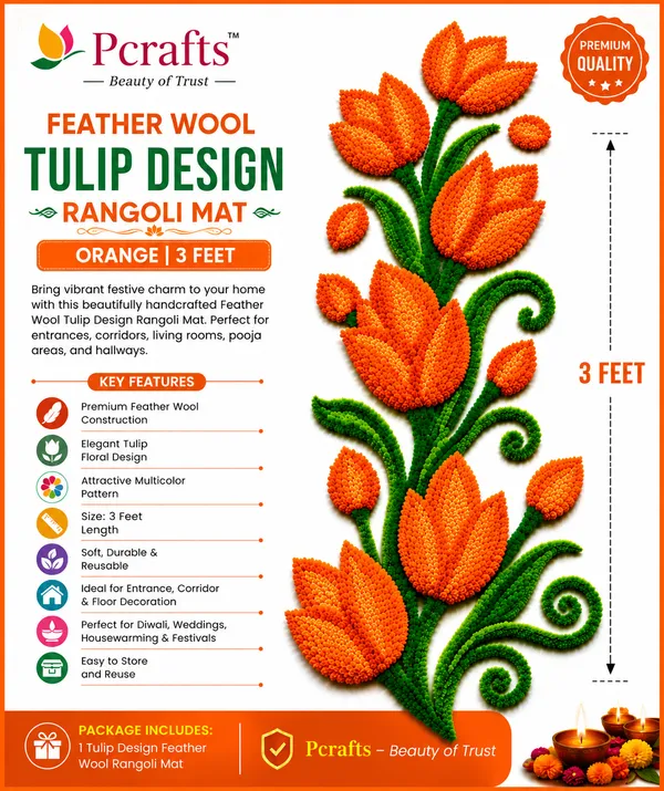 Pcrafts_Feather_Wool_Tulip_Design_Rangoli_Mat_–_Orange_|_3_Feet