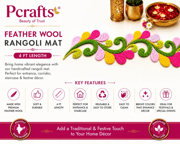 Pcrafts_Red_Yellow_Pink_Feather_Wool_Rangoli_Mat_For_Floor_Decoration_|_4_Ft_Decorative_Festival_Runner_For_Entrance,_Corridor_&_Stairs