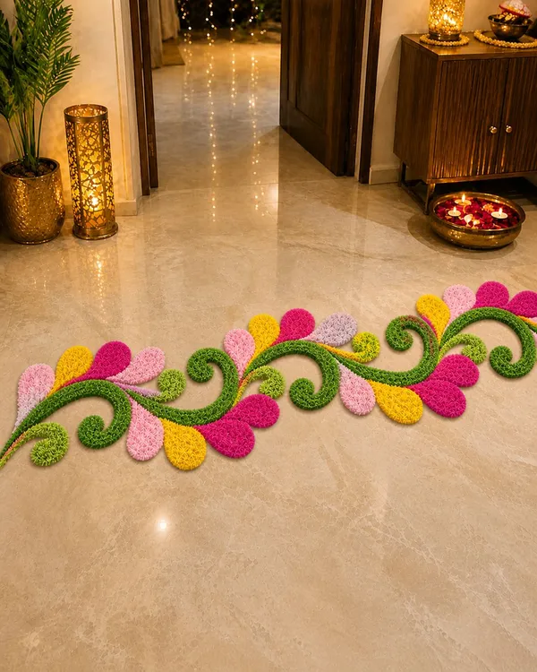 Pcrafts_Red_Yellow_Pink_Feather_Wool_Rangoli_Mat_For_Floor_Decoration_|_4_Ft_Decorative_Festival_Runner_For_Entrance,_Corridor_&_Stairs