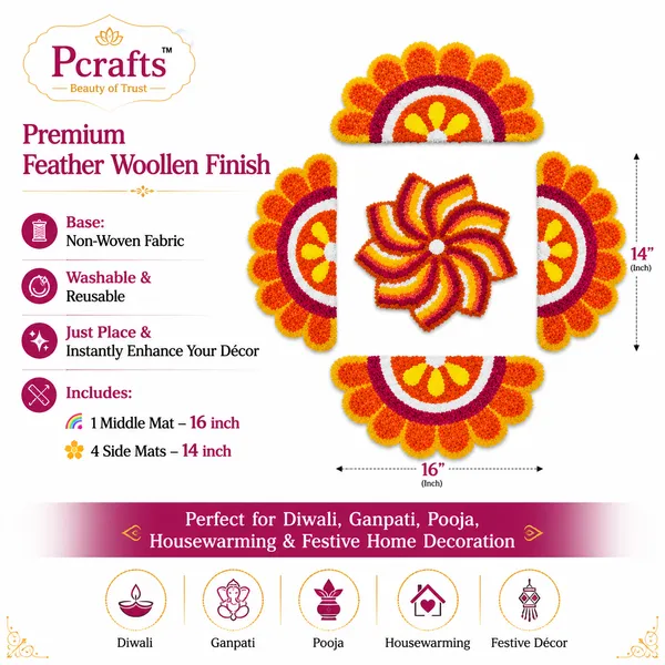 Pcrafts_Orange_Premium_Feather_Wool_Rangoli_Mat_Set_Of_5_Pieces_For_Diwali_Decoration_|_Washable_Reusable_Floor_Rangoli_|_Home_Entrance,_Ganpati,_Pooja_&_Housewarming_Decor