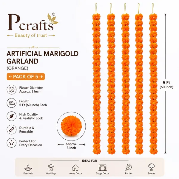 Pcrafts_Artificial_Orange_Marigold_Flower_Garland_For_Decoration_|_5_Ft_Hanging_Mala,_3_Inch_Flower_Diameter_|_Diwali,_Wedding,_Festive_&_Home_Decor_|_Pack_Of_5