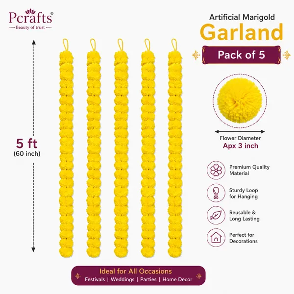 Pcrafts_Artificial_Yellow_Marigold_Flower_Garland_For_Decoration_|_5_Ft_Hanging_Mala_|_3_Inch_Flower_Diameter_|_Pack_Of_5_|_Ideal_For_Housewarming,_Diwali,_Wedding_&_Festival_Decor