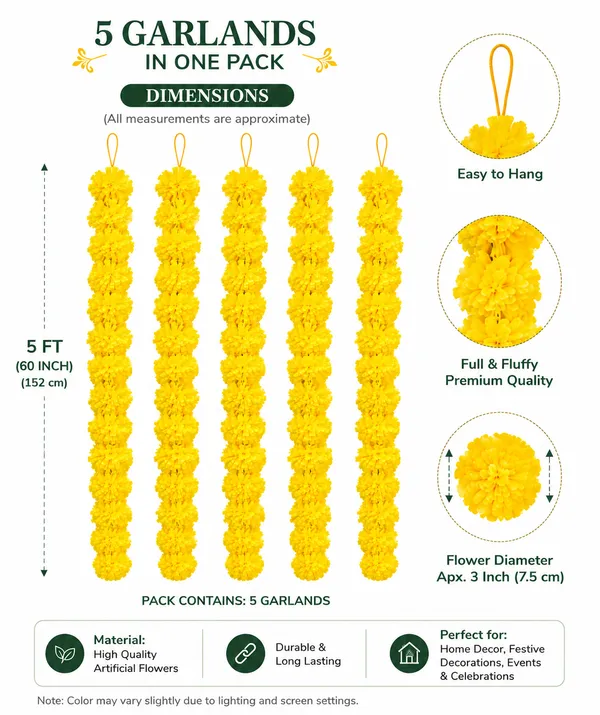 Pcrafts_Artificial_Yellow_Marigold_Flower_Garland_For_Decoration_|_5_Ft_Hanging_Mala_|_3_Inch_Flower_Diameter_|_Pack_Of_5_|_Ideal_For_Housewarming,_Diwali,_Wedding_&_Festival_Decor
