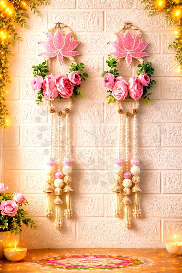 Pcrafts_Shubh_Labh_Door_Hanging_Lotus_Design_Pink_Decor_Set_Of_2