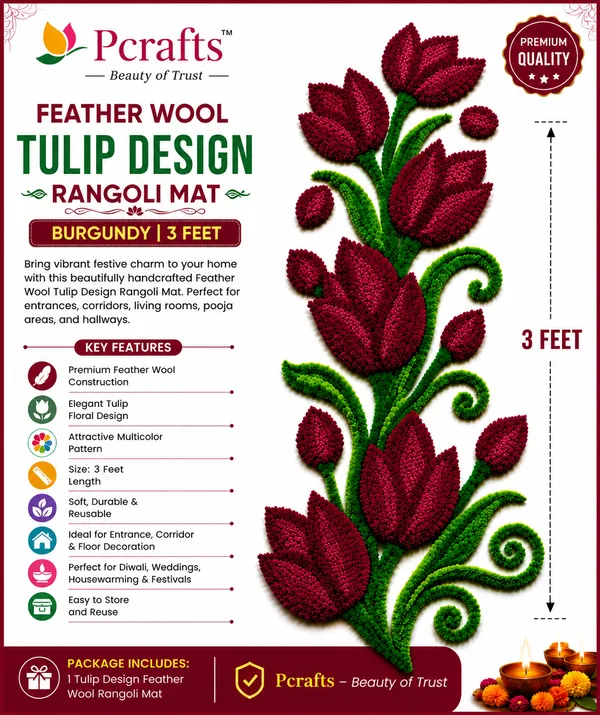 Pcrafts_Feather_Wool_Tulip_Design_Rangoli_Mat_–_Burgundy_|_3_Feet