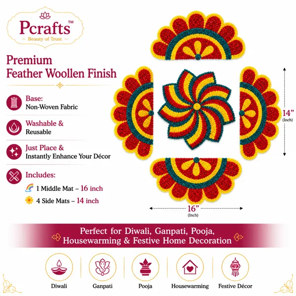 Pcrafts_Red_Premium_Feather_Wool_Rangoli_Mat_Set_Of_5_Pieces_For_Diwali_Decoration_|_Washable_Reusable_Floor_Rangoli_|_Home_Entrance,_Ganpati,_Pooja_&_Housewarming_Decor