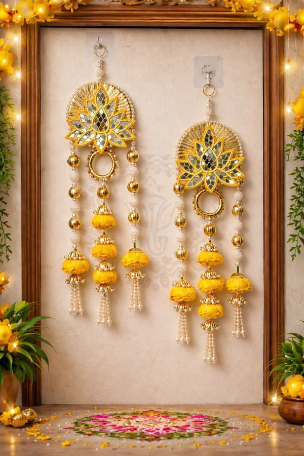 Pcrafts_Shubh_Labh_Door_Hanging_18_Inch_Yellow_Lotus_Mirror_Work_Decor_Set_Of_2