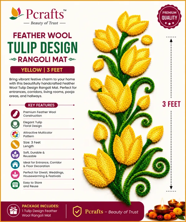 Pcrafts_Feather_Wool_Tulip_Design_Rangoli_Mat_–_Yellow_|_3_Feet