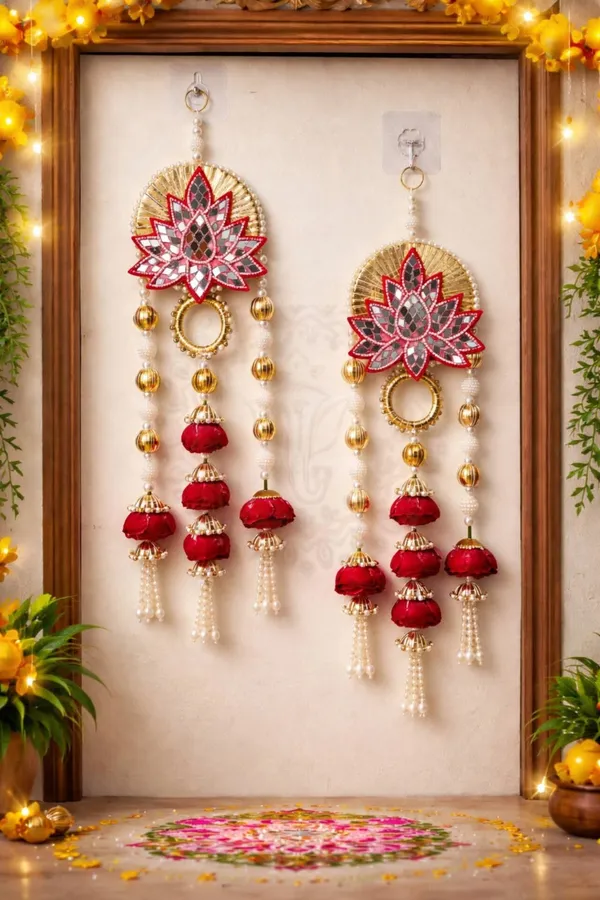 Pcrafts_Shubh_Labh_Door_Hanging_18_Inch_Red_Lotus_Mirror_Work_Decor_Set_Of_2