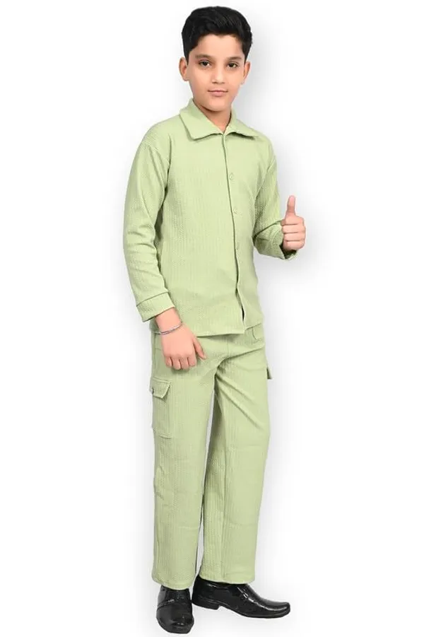 Light_Green_And_Black_Jacquard_Premium_Shirt_And_Trouser_Set_For_Kids_Boy_Pack_Of_2