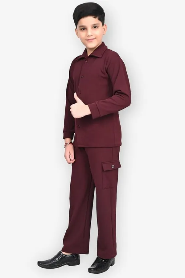 Maroon_Jacquard_Premium_Shirt_And_Trouser_Set_For_Kids_Boy