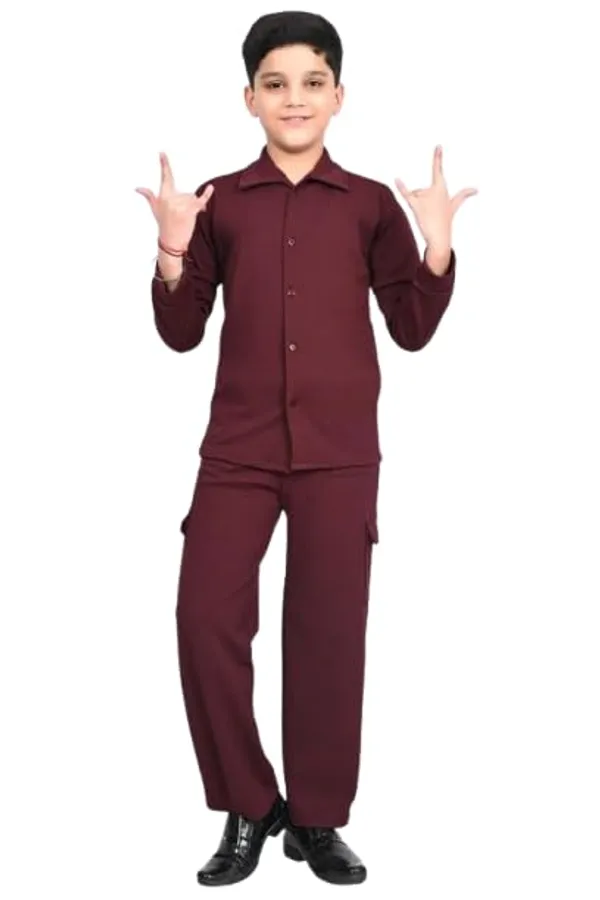 Maroon_Jacquard_Premium_Shirt_And_Trouser_Set_For_Kids_Boy