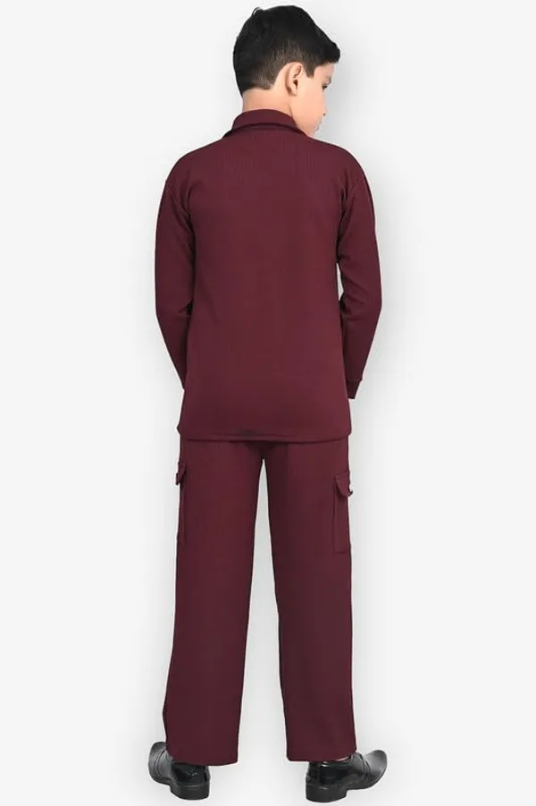 Maroon_Jacquard_Premium_Shirt_And_Trouser_Set_For_Kids_Boy