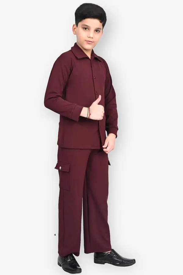 Maroon_Jacquard_Premium_Shirt_And_Trouser_Set_For_Kids_Boy