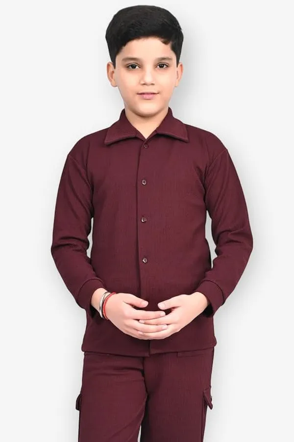 Maroon_Jacquard_Premium_Shirt_And_Trouser_Set_For_Kids_Boy