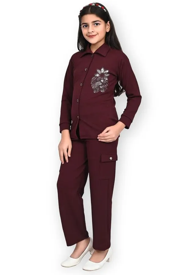 Maroon_Jacquard_Premium_Shirt_And_Trouser_Set_For_Girls_Kids